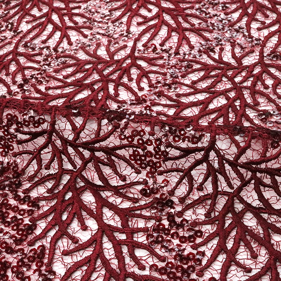 Luxury Red 4mm Transparent Spangle Embroidery Lace Spider Mesh Cup Sequin Fabric for  Wedding and  Evening Party Dress