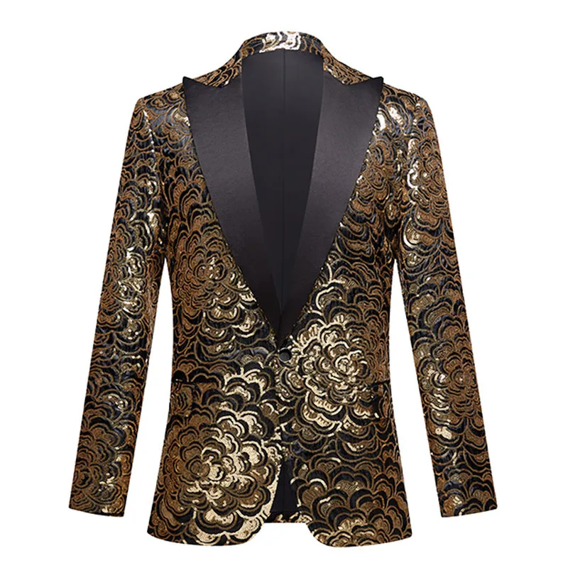 Men Gold Floral Sequins Slim Fit Blazer One Button Shawl Lapel Evening Party Bar Nightclub Show Singer Jacket