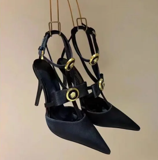Europe and the United States new high-heeled pointed metal buckle bow red satin satin after the empty head strap sandals woman