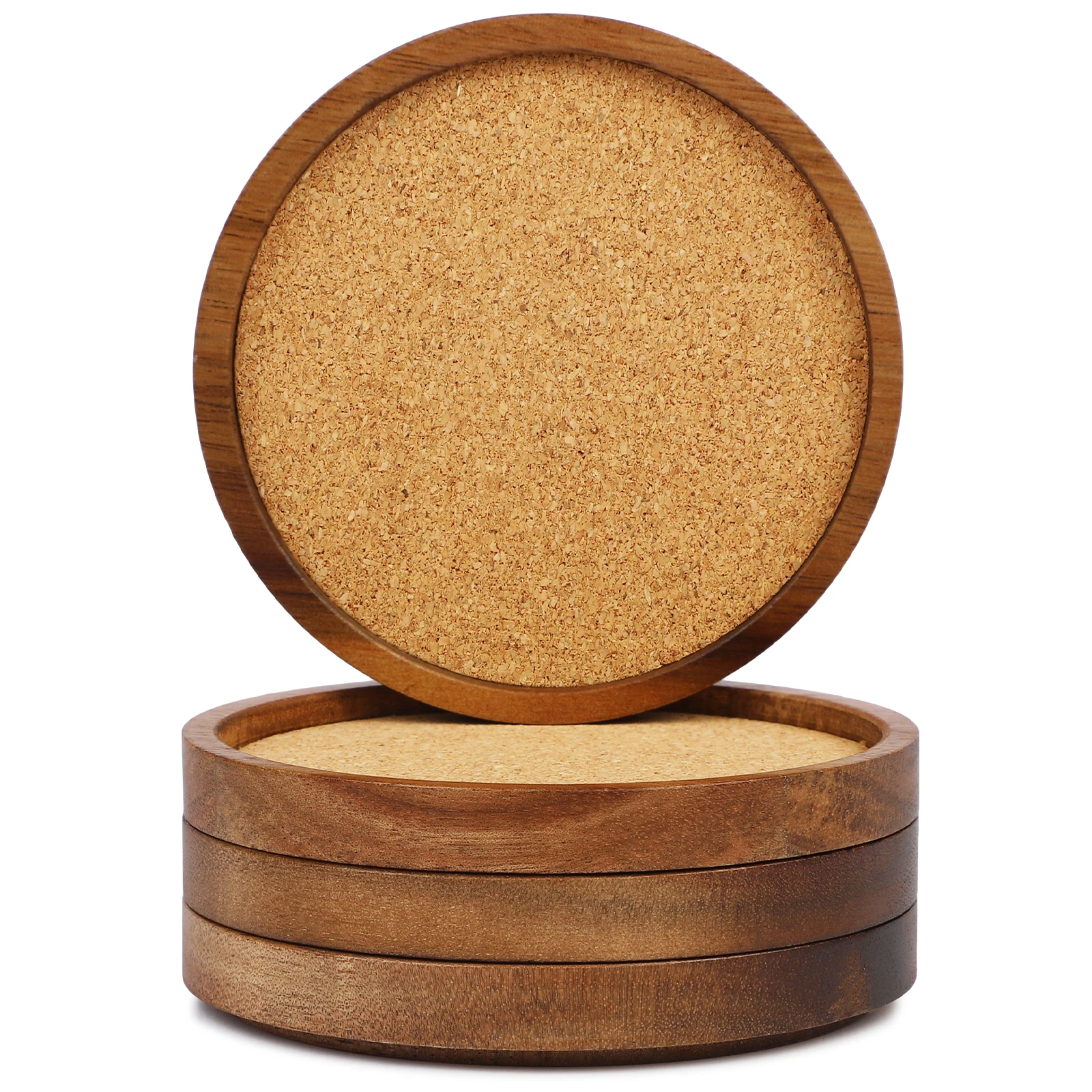 XH Stackable Acacia Wood Coasters set of 4 with absorbent Cork for table Drink Coasters Set for Tabletop Coffee