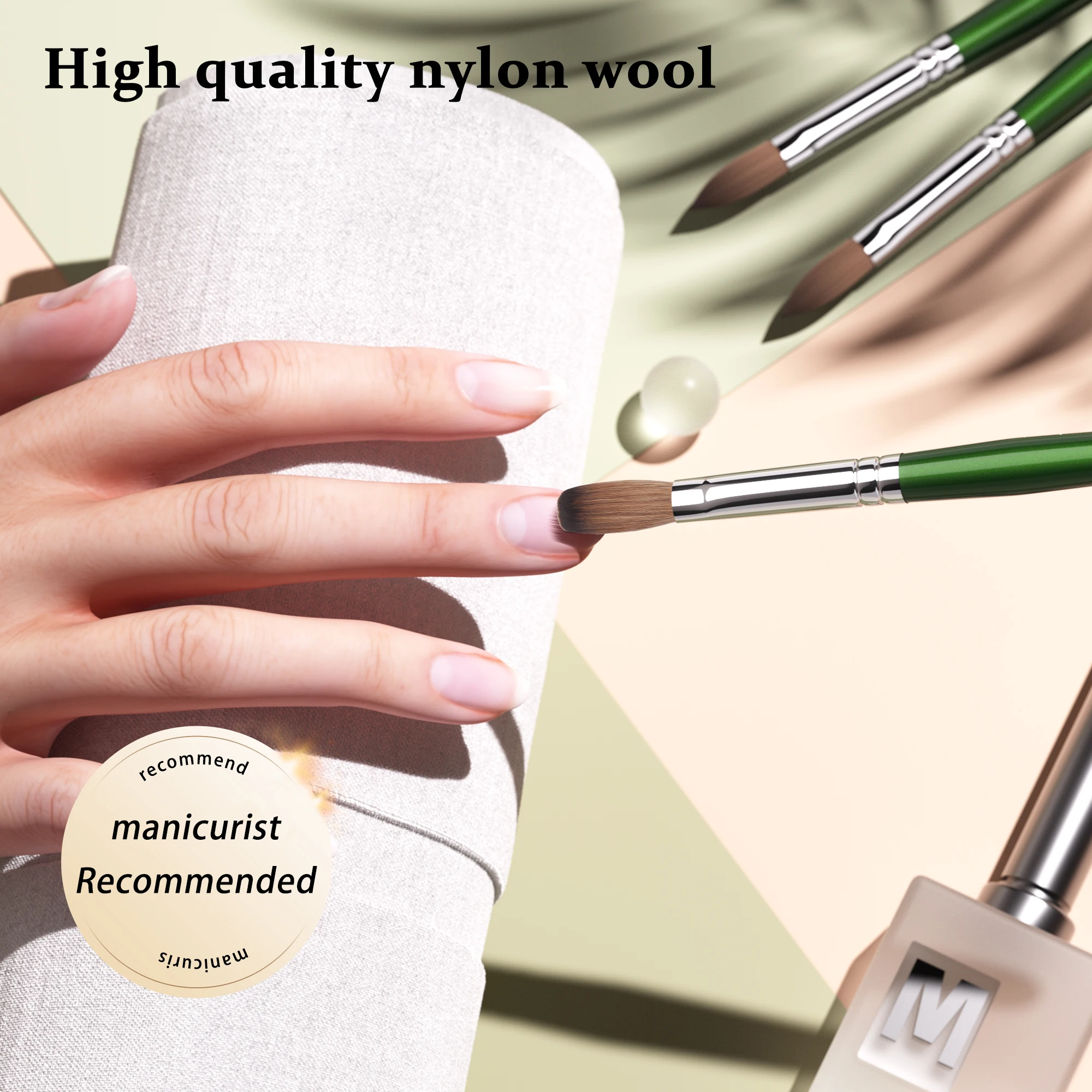 Wholesale OEM Packaging Silver Ferrule Green Wooden Crimped 100% Kolinsky Acrylic Nail Brush Nails size 8 10 12 14 16 18 20