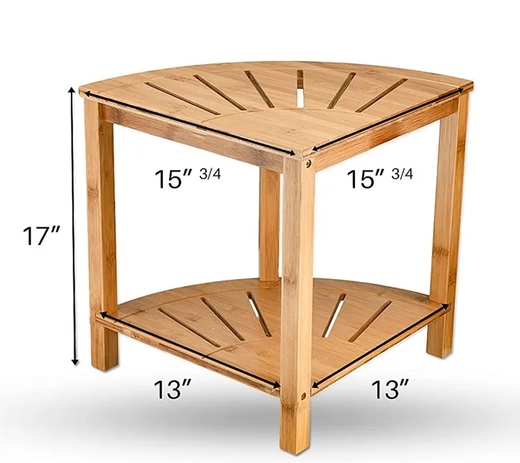 Bathroom Bamboo Corner Bath Bench Shaving Stool Non-Slip Multi-Purpose Wood 2-Tier Shower Chair Seat With Organizer Shelf