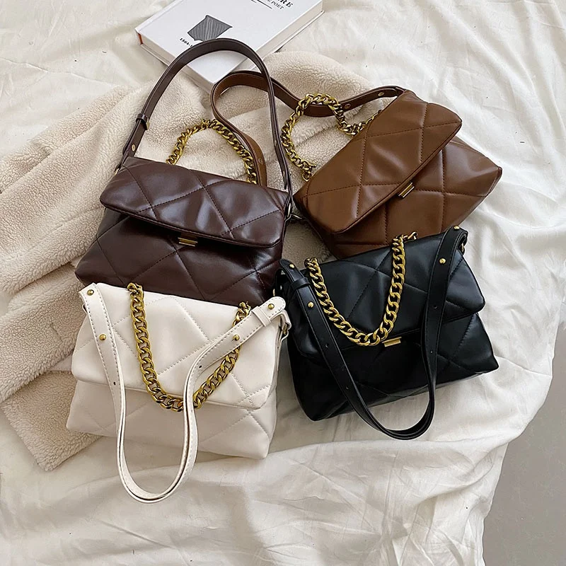 Retro diamond simple chain all-match trendy PU soft leather women handbags