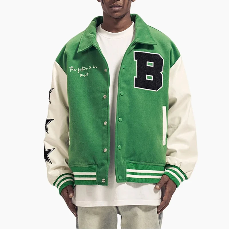 Wholesale 100% Polyester Streetwear Mens Bomber College Jacket Vintage Sweatshirt Embroidery Patch Baseball Varsity Jacket
