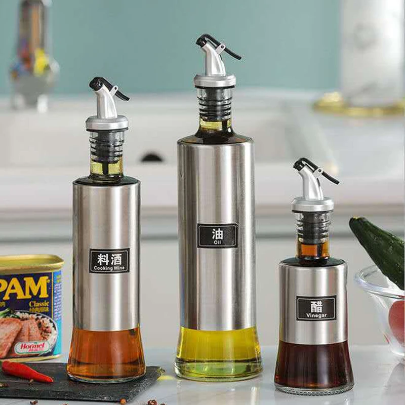 Press-type stainless steel oil bottle household kitchen leak-proof glass soy sauce vinegar seasoning bottle cooking bottle