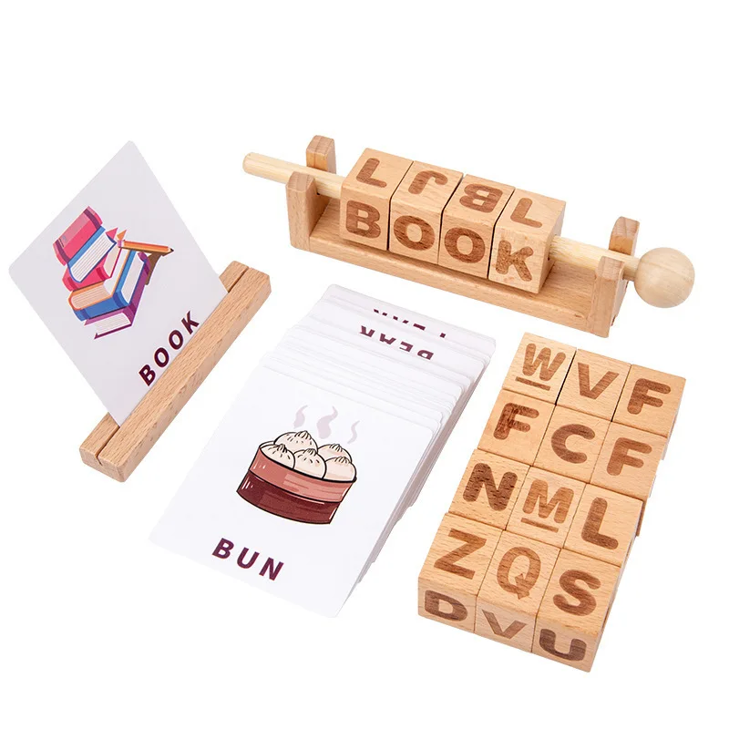 
Wooden Educational Alphabet Letters Learning Beads Toy Words Spelling Flash Cards Cubes Toy Kit for Kids <span style=