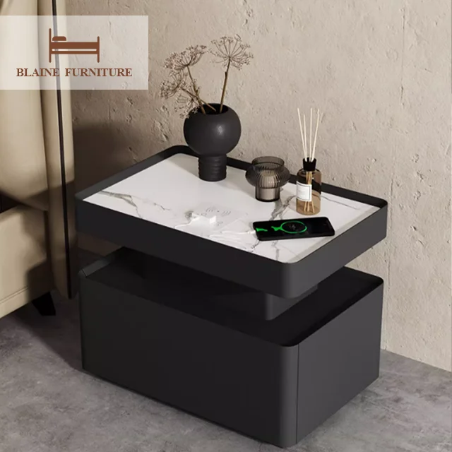 Smart Microfiber Multi-functional Bedside Table Home Furniture Bedroom Modern Slate Top Nightstand Bedroom Cabinet Solid Wood