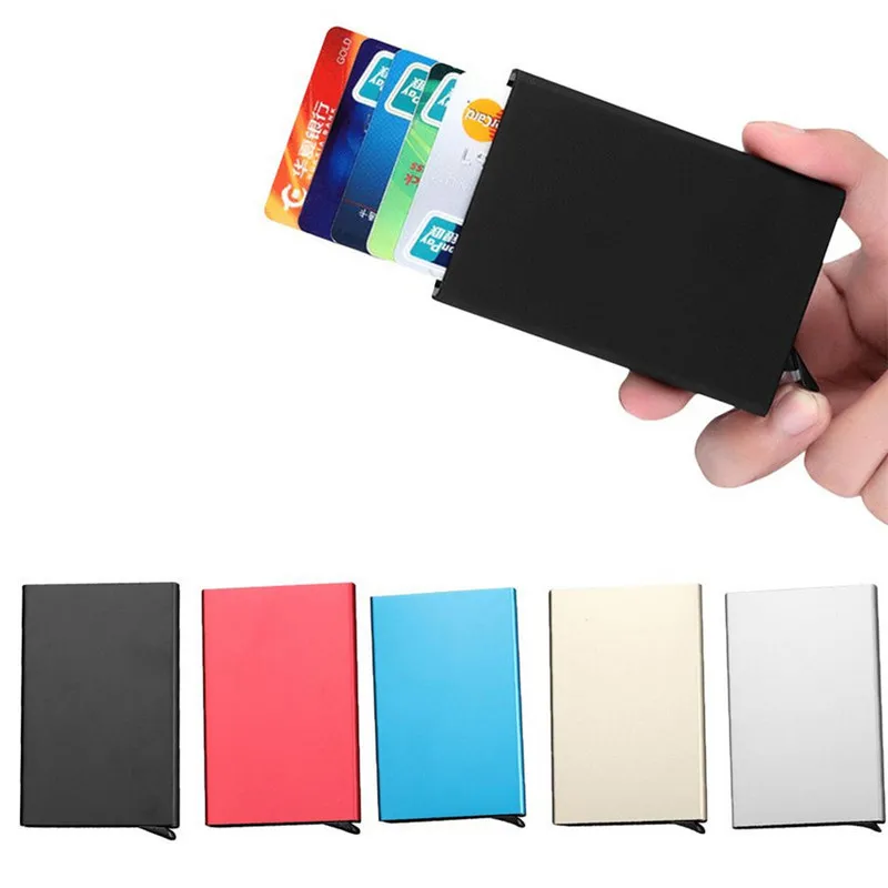 Promotion gift RFID blocking slim leather aluminum automatic pop-up business card holder wallet