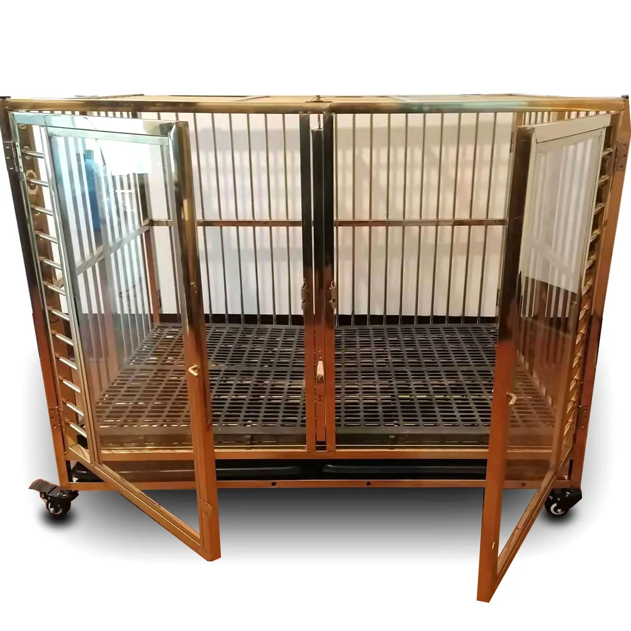 Custom  Tempered Glass Door Dog Kennels Cages Stainless Steel Gold Dog Cage With Wheels And Dog Cage Floor