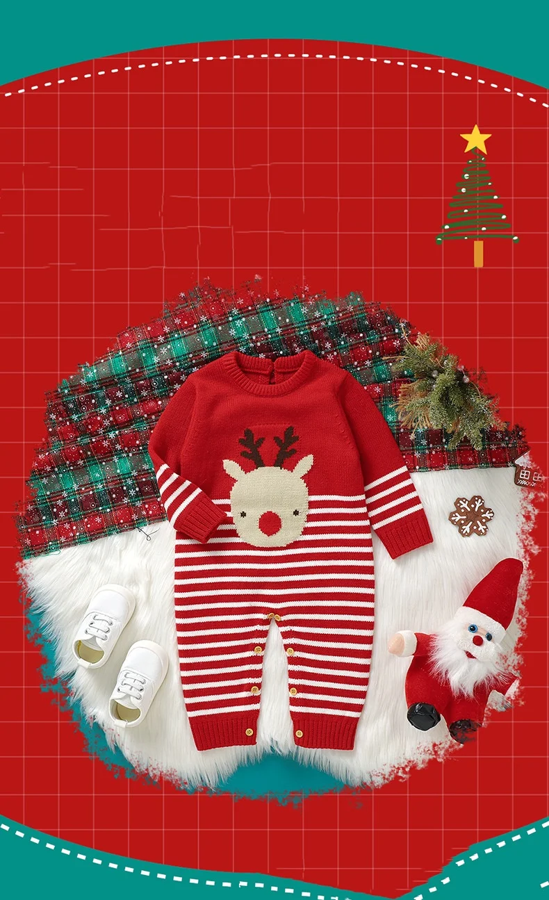 0-1 Year Old Fall/Winter New Baby Knitted Striped Christmas Moose Jacquard Sweater Newborn Onesie