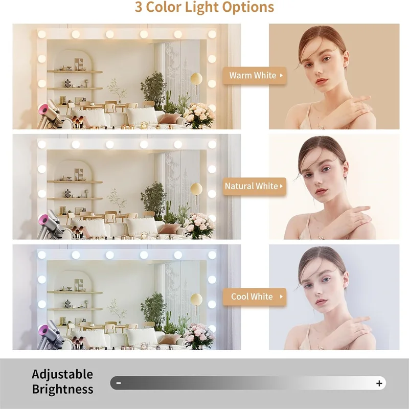 Dressing table with LED illuminated mirror and power socket, makeup vanity set with large drawers,beauty cabinet cosmetic table