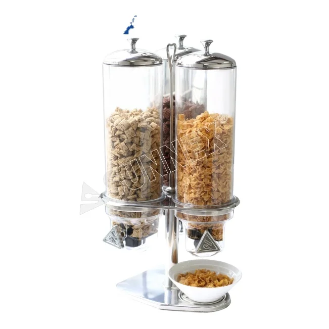 Sunnex Hot Selling Revolving Clear Dry food Triple Canister Cereal Dispenser Bulk Acrylic Food Cereal Dispenser