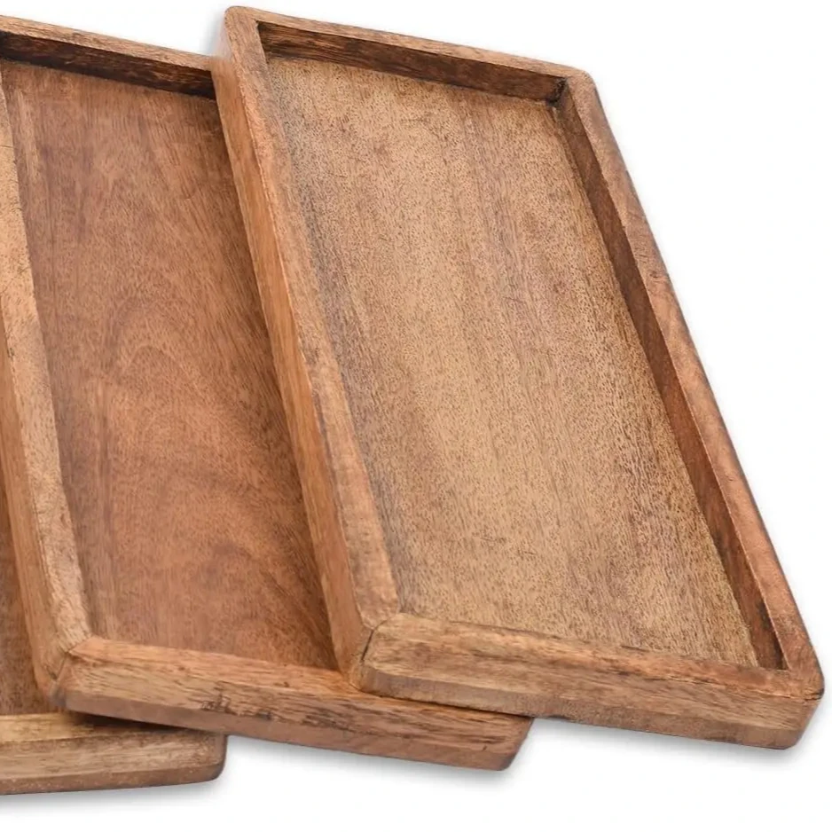 Wooden tray used for displaying fruit snacks, appetizers, sushi, and food decorations