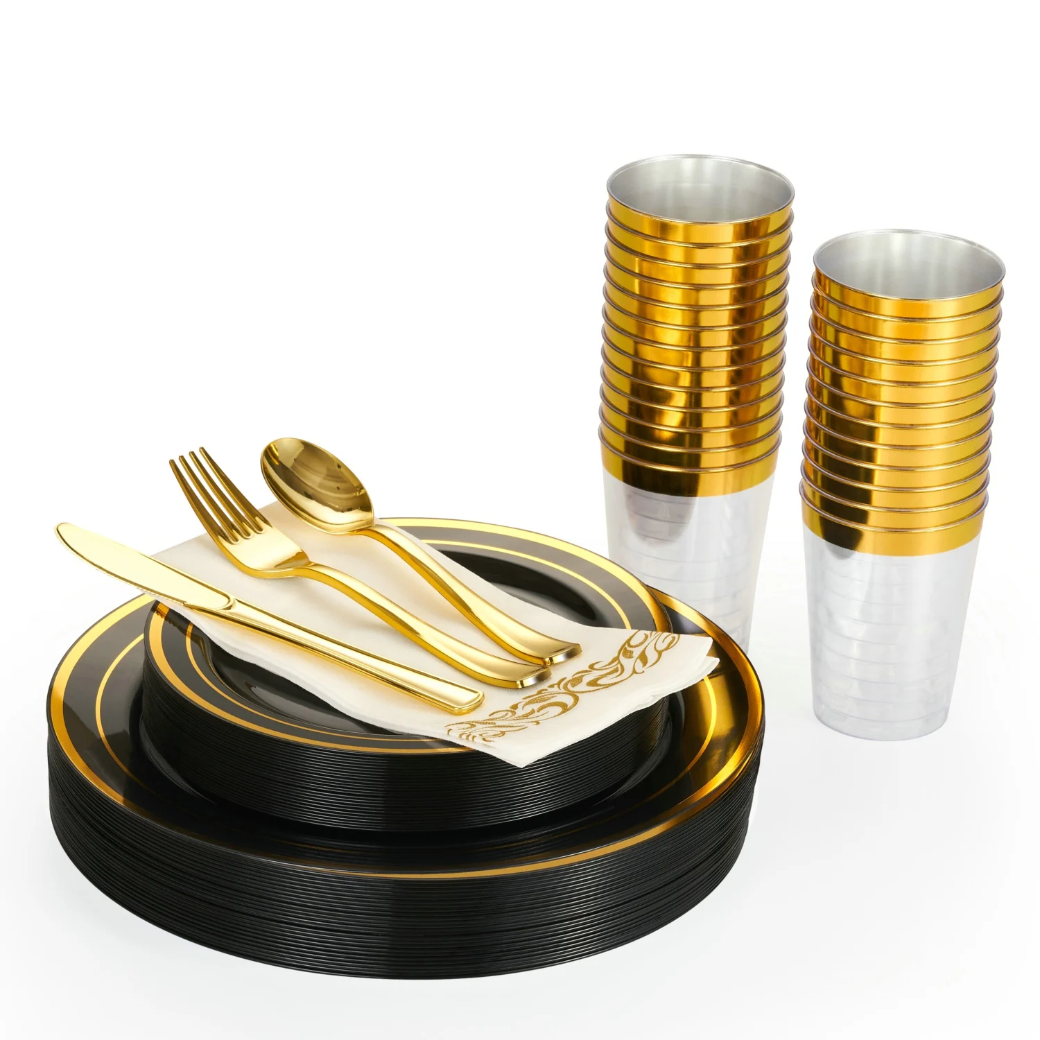  Black and gold party wedding plates plastic disposable cutlery dinnerware