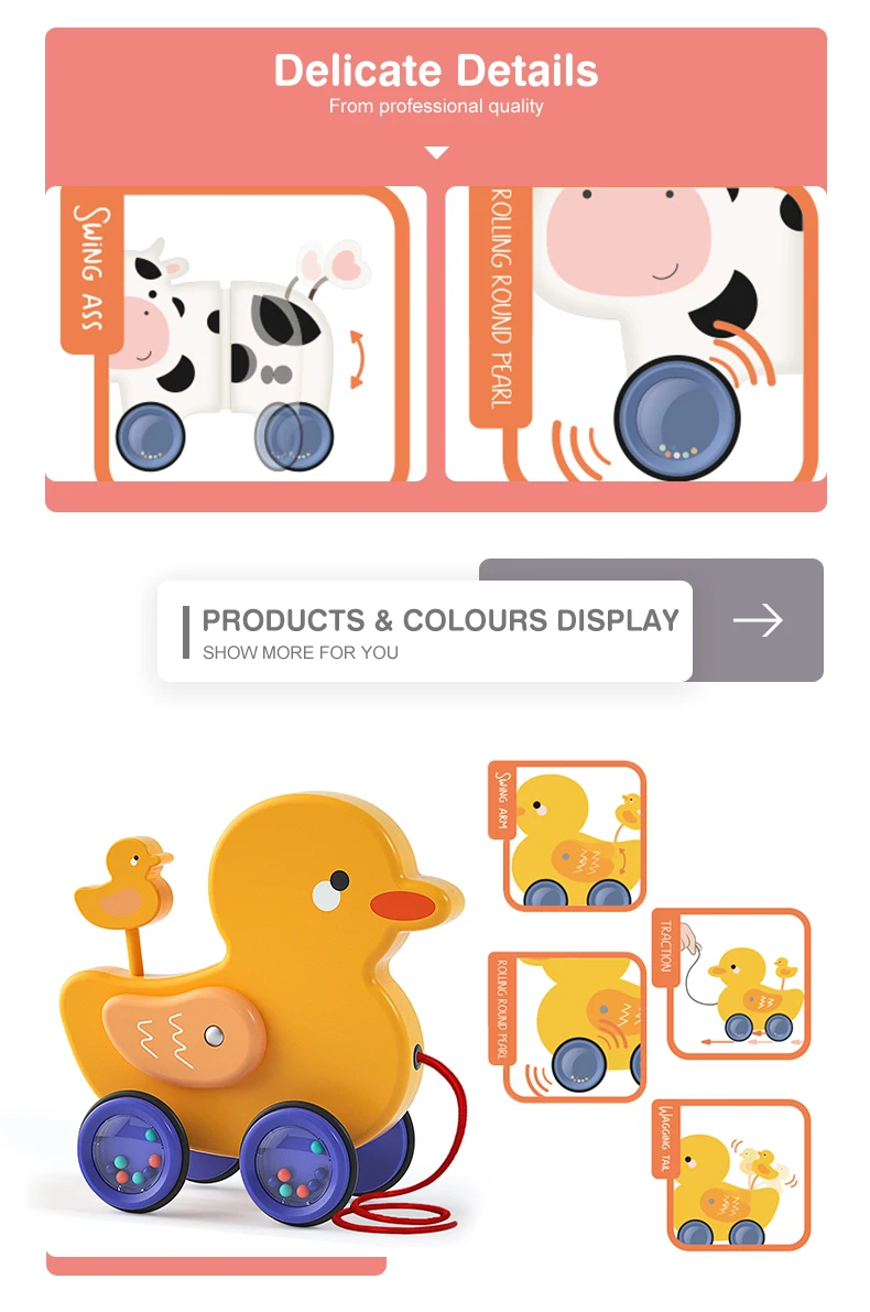 2021 wholesale new design wooden dragging animals toys baby guidance toy cartoon drag pull string toy