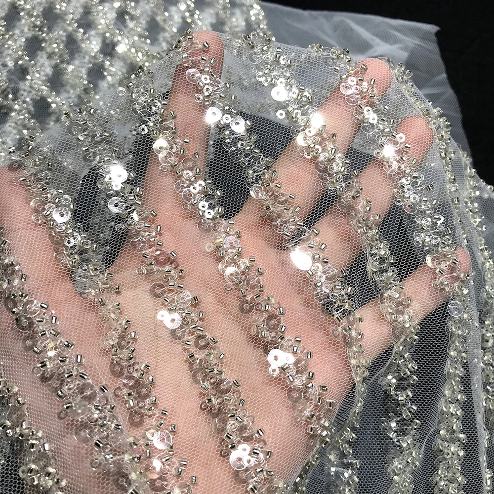 Великолепное белое блестящее свадебное вечернее платье, материал, французское кружево из бисера с блестками, ткань для блестящих женских нарядов в полоску