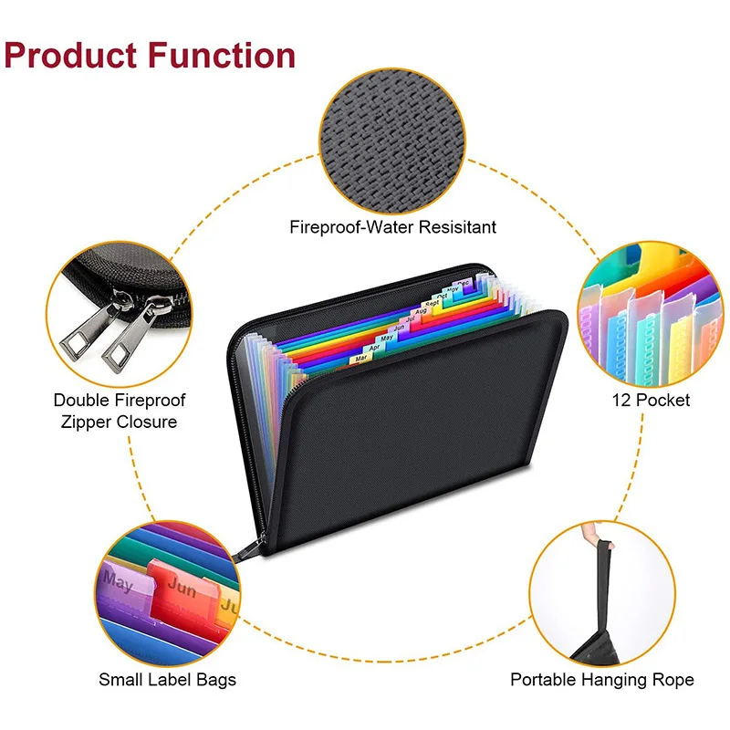 Office School Popular File bag Travel Safety Zipper Case Fireproof Document Bag Expanding File Folder A4 Portable Business File