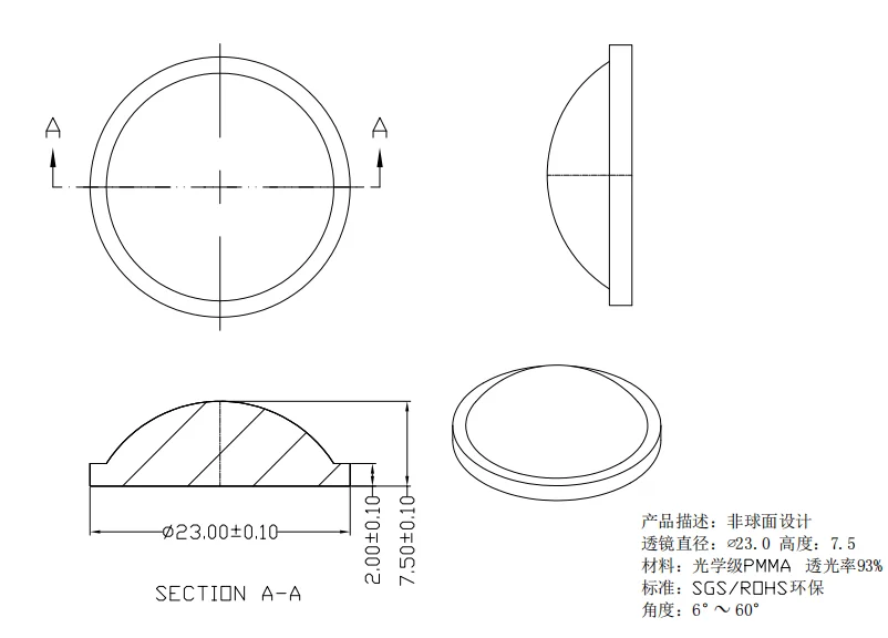 LED Flashlight Lens Optical Plano Convex Lens Diameter 23MM 6~60degree led lens