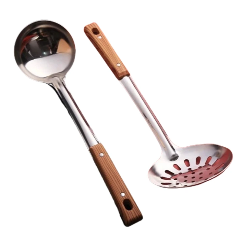 Stainless Steel Spatula Home And Kitchen Colander Spoon Ladle Wood Grain Handle Insulation Kitchenware Cooking 5 Pcs Utensil Set
