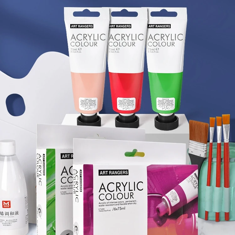 Factory Customized non toxic Professional 6 Colors 75ml tube for Artist Kids Art Painting for rock painting kit Acrylic Paint