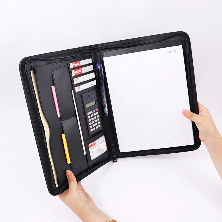 Черная превосходная папка для бизнес-портфолио из Веганской кожи с застежкой-молнией деловых встреч переговоров собеседований