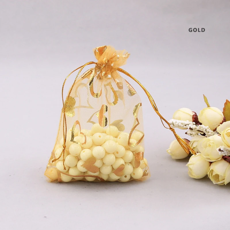 Ready to Ship Organza Bag 20x30 cm Gold Heart Print Small Gold String Gift Pouches Soap Net Drawer Bags Gift Packaging Bag