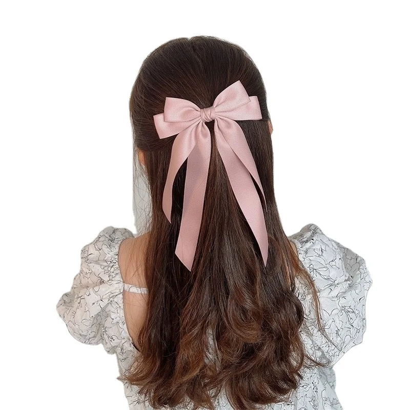 Good quality korean sweet style Hair Accessories Large Satin Hair Ribbon Bows with Long Tail Hair Barrettes