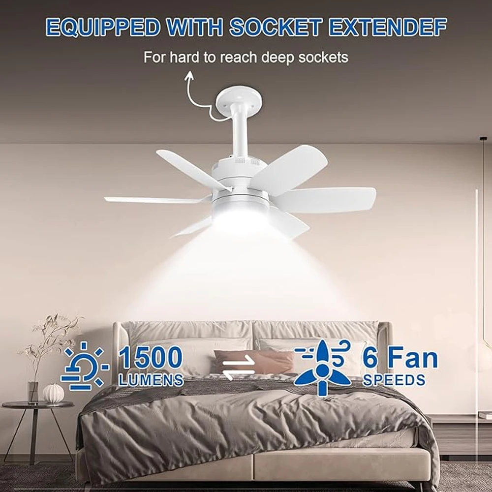 Universal E26 Base 3000K 4500k 6000k CCT Dimmable LED 20 Inch Small Quiet Socket Fan Light With Remote Control