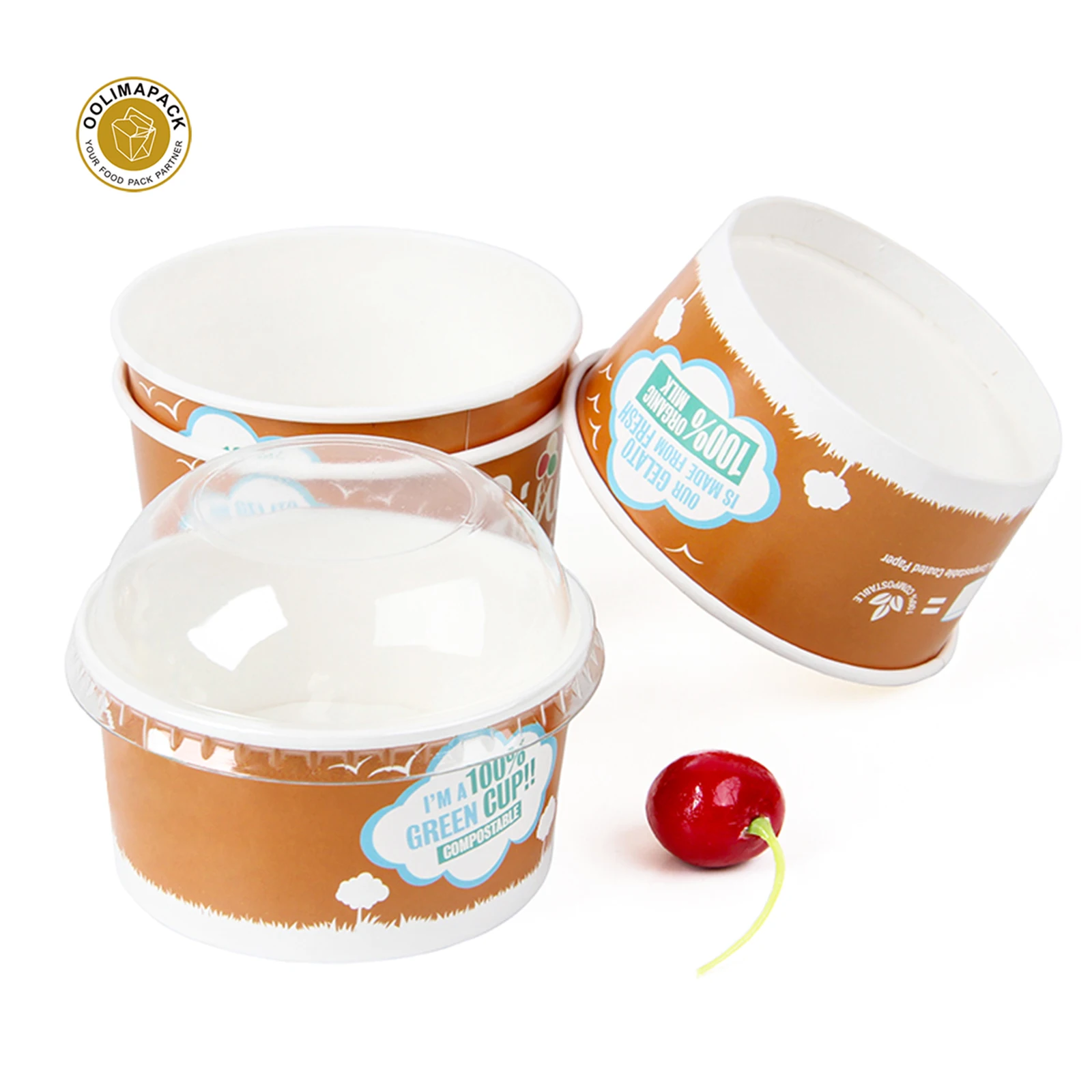 OOLIMA Custom Printed Logo icecream Cups for Sundae Frozen Yogurt Soup Brown