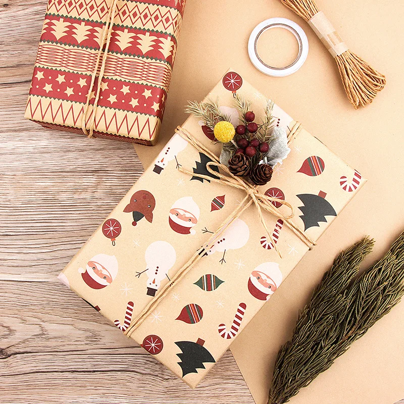 Custom Logo Printed Christmas Style Kraft Paper Gift Roll Durable Virgin Pulp Wrapping Paper Packaging