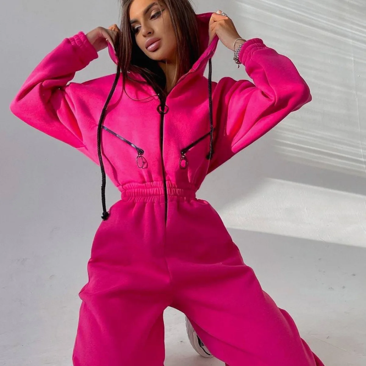 Winter Sweatshirt Hooded Jumpsuits Front Zip Long Sleeve Women Jumpsuits Playsuit Casual Thick Warm Female Jumpsuit Fall 2024