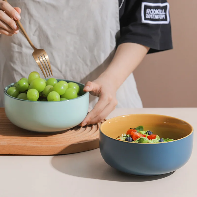 Round Stoneware Ceramic Color Glazed Bowl Salad Fruit Bowls For Dining Eco-friendly Serving Deep Cereal Soup Bowl