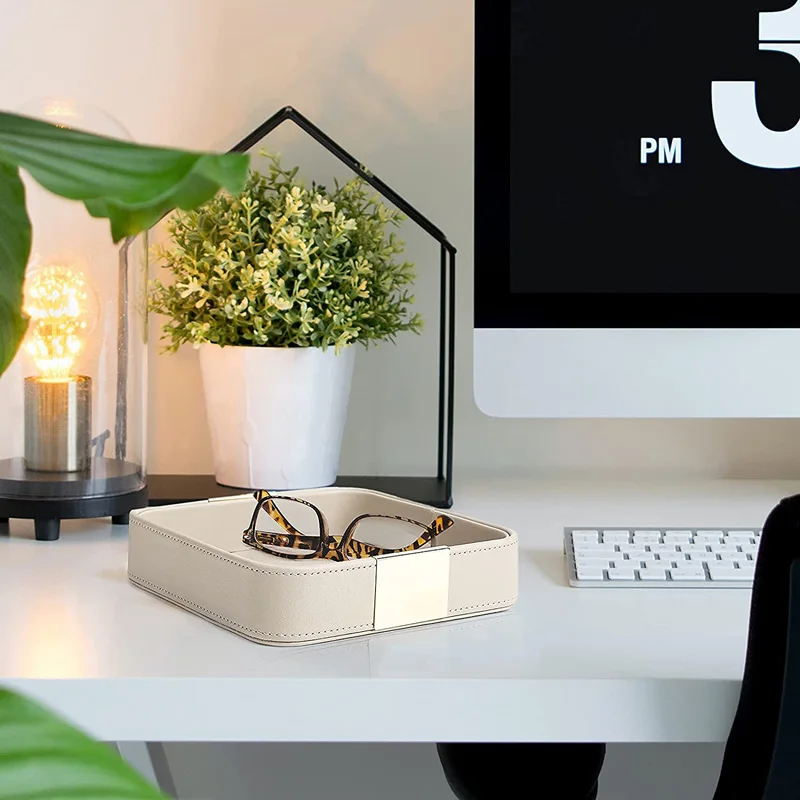 Custom Leather Desktop Storage Tray Luxury Leather Tray Multifunctional Jewelry Tray For Key Phone Wallet Coin Change Stationery