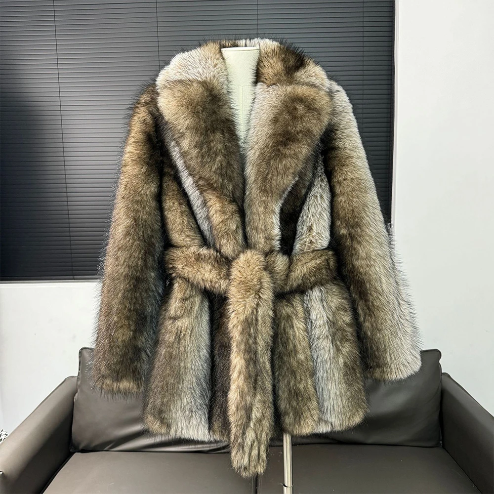 Winter Warm Soft Faux Fur Jacket Women Faux Raccoon Fur Coats With Belt Fashion Design Belt Faux Fur Coat