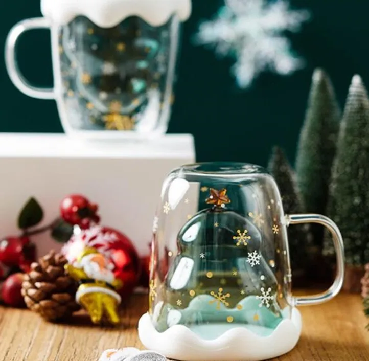 Christmas Heat Resistant Double layered Home Gift Christmas Tree Glass Cup with Lid