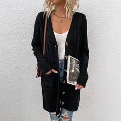 2021 Autumn Winter Long Cable Knitted Women Cardigan Sweater Woman Oversized Single Breasted V Neck Knit Cardigans For Ladies