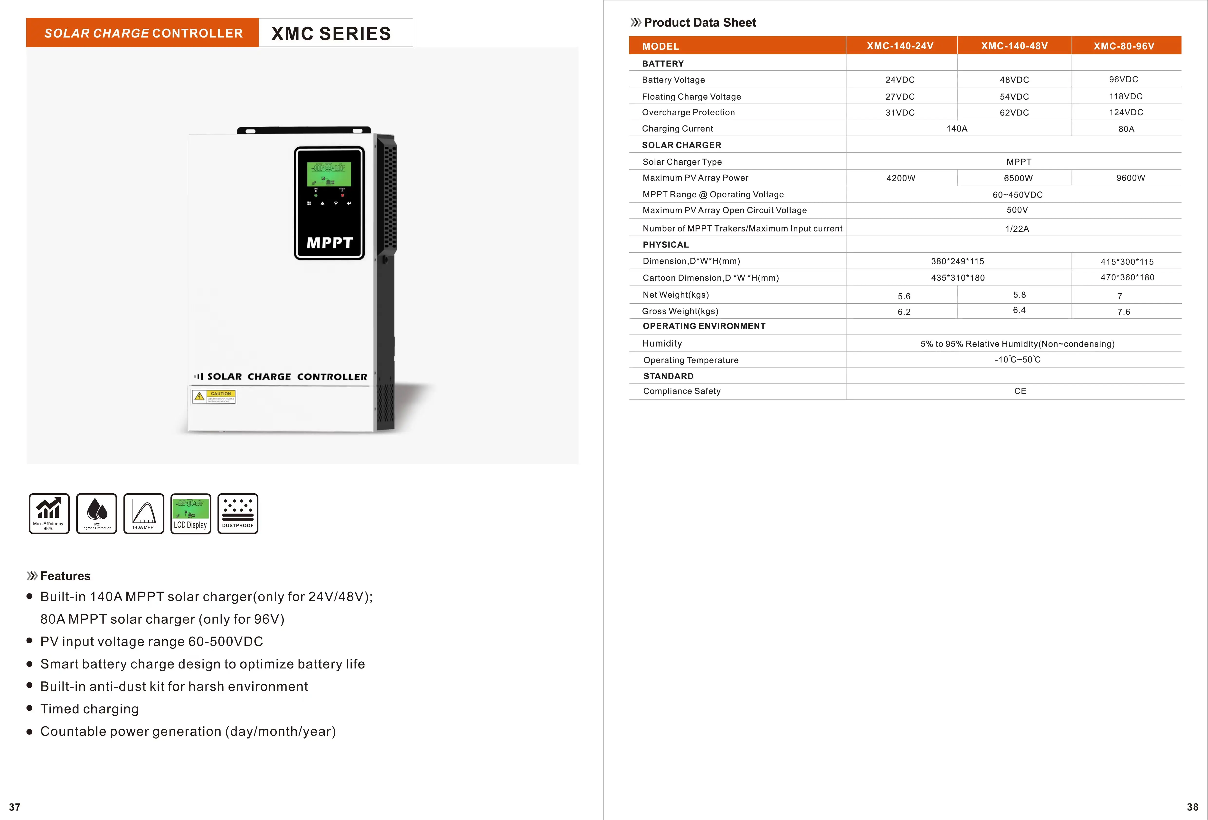 Контроллер заряда солнечной батареи Y & H 140A MPPT 48V с ЖК-дисплеем PV MAX 500V для аккумулятора AMG затопленных LI пользователей