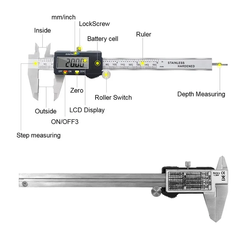 Electronic Digital Vernier Caliper 150mm Stainless Steel Rule Gauge Micrometer 6 Inch LCD Measuring Ruler Tool With Plastic Box
