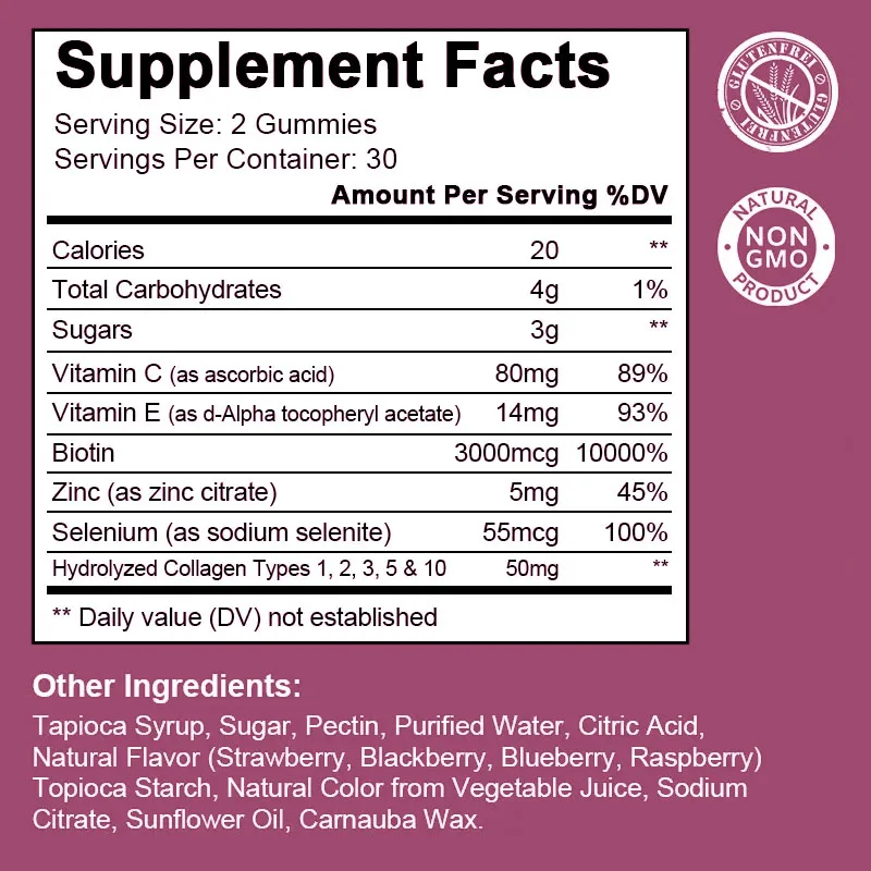 Improve Hair Skin Healthy Food Supplement Beauty Collagen Gummies Customized Private Label Sugar 60pcs Bottled Candy