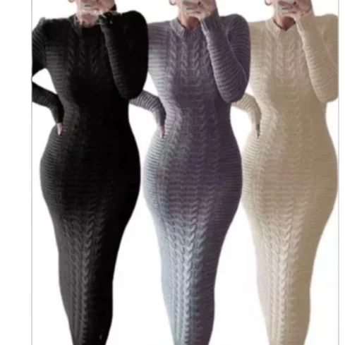 Новое поступление, Осенние однотонные длинные платья, вязаное осеннее облегающее платье с длинным рукавом и высоким воротником, женские платья