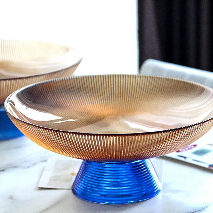 Samyo Custom 7 9 11inches European Luxury Round Home Decoration Colored Glass salad Fruit Bowl Plate with Metalicic Base