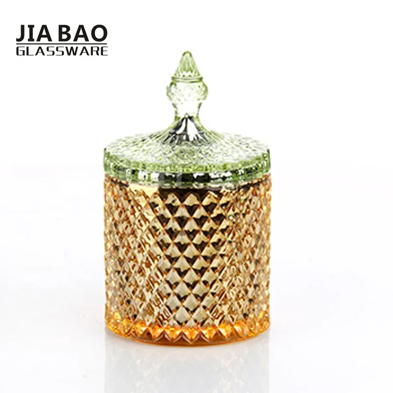 High white glass candy pot with lid new cylindrical shape food storage jar with big diamond design classic candy sugar gar