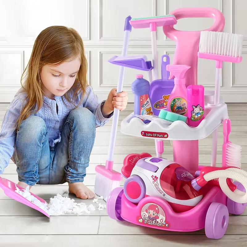 2024 educational toys simulation vacuum cleaning trolley toy cart housekeeping cleaning set toy for kids