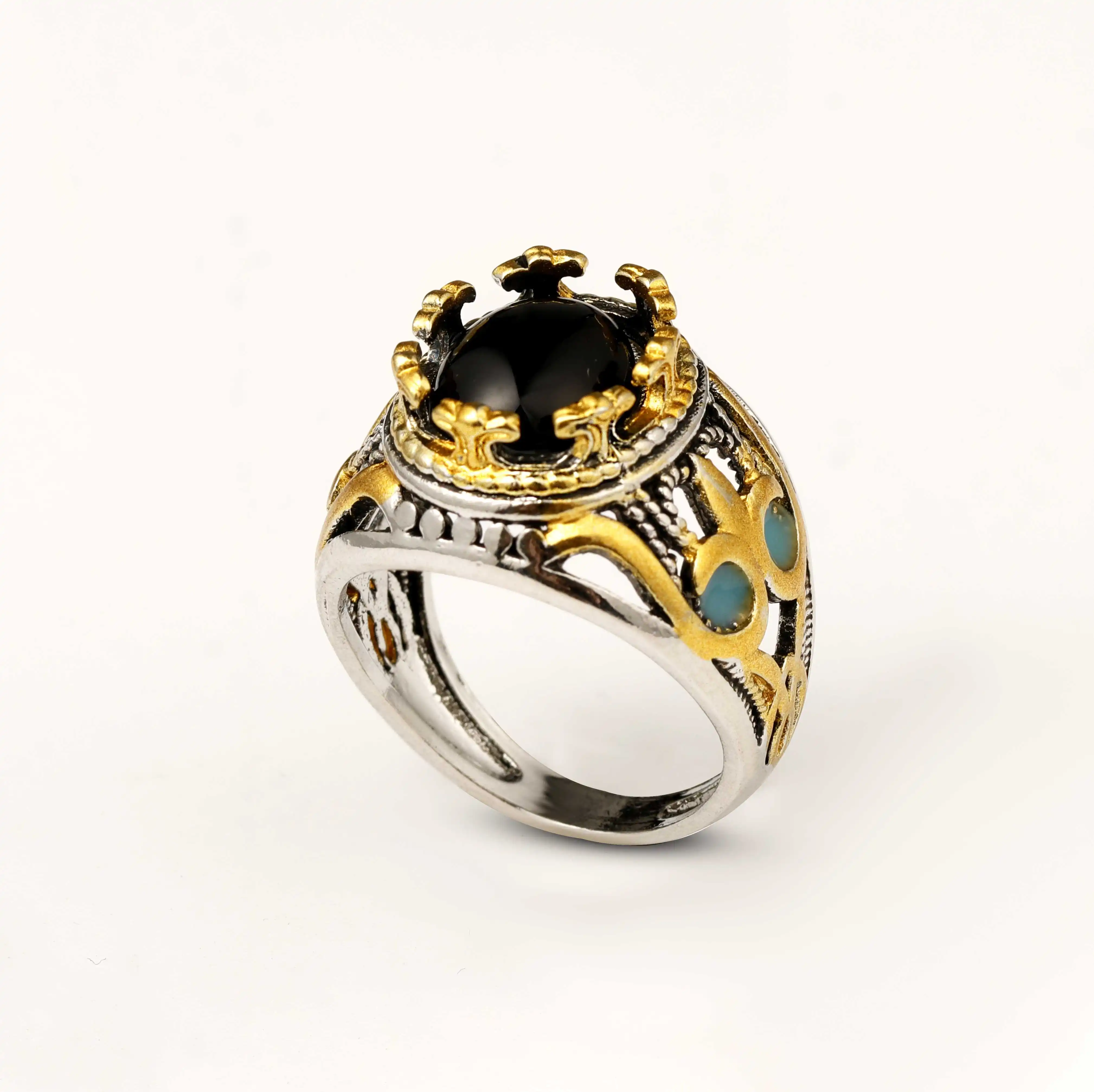 Round Factory Wholesale Round Black Gemstone Ring Ottoman Tugra Agate Stone Ring For Man