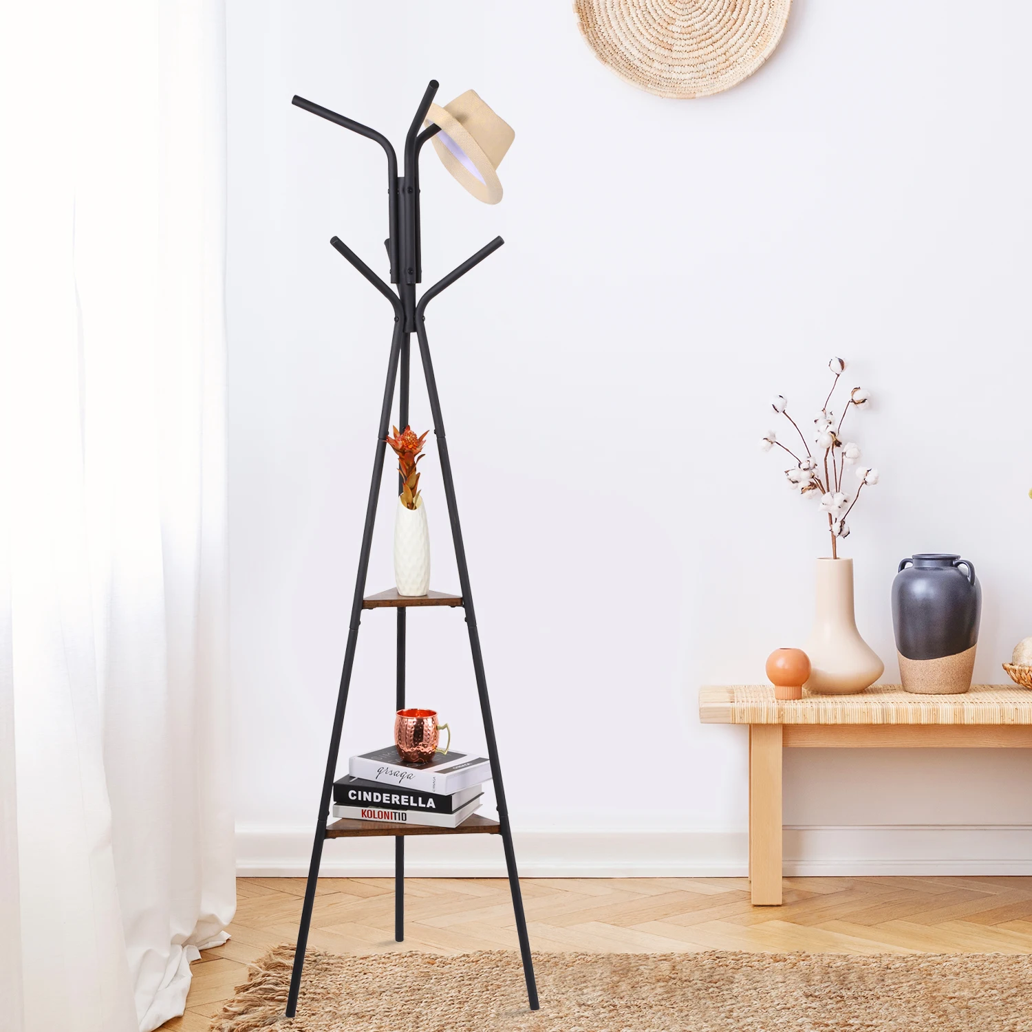  Entryway Coat Rack Stand Metal Tree with 2 Shelves Premium Holder for Clothes Hat Bag Purse Umbrella