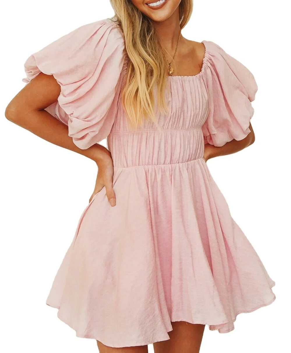 OEM Service New Design Puff Sleeve Women Ladies A-Line Off-The-Shoulder Mini Summer Casual Dress With A Shirred Bodice