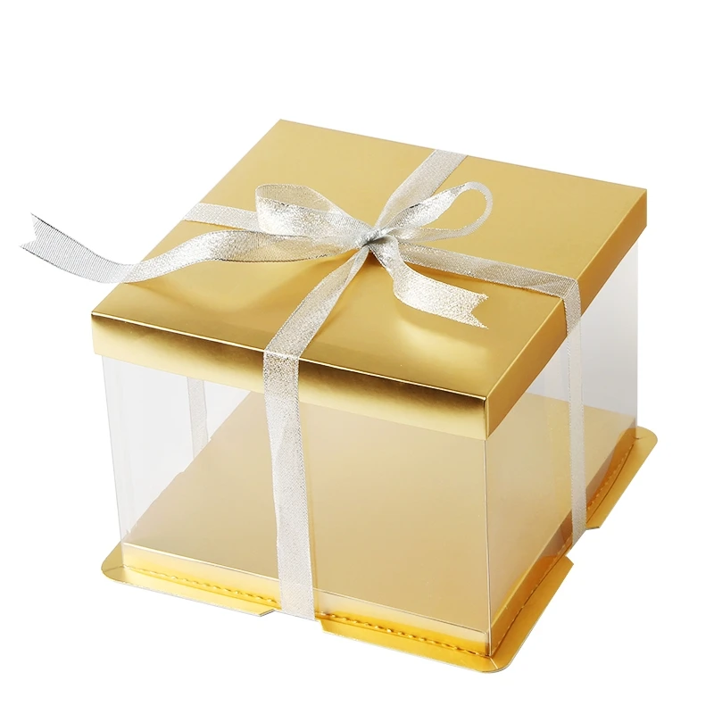 2021 самая популярная коробка для торта на день рождения из ПВХ с прозрачным ПЭТ золотого цвета с бумажной крышкой