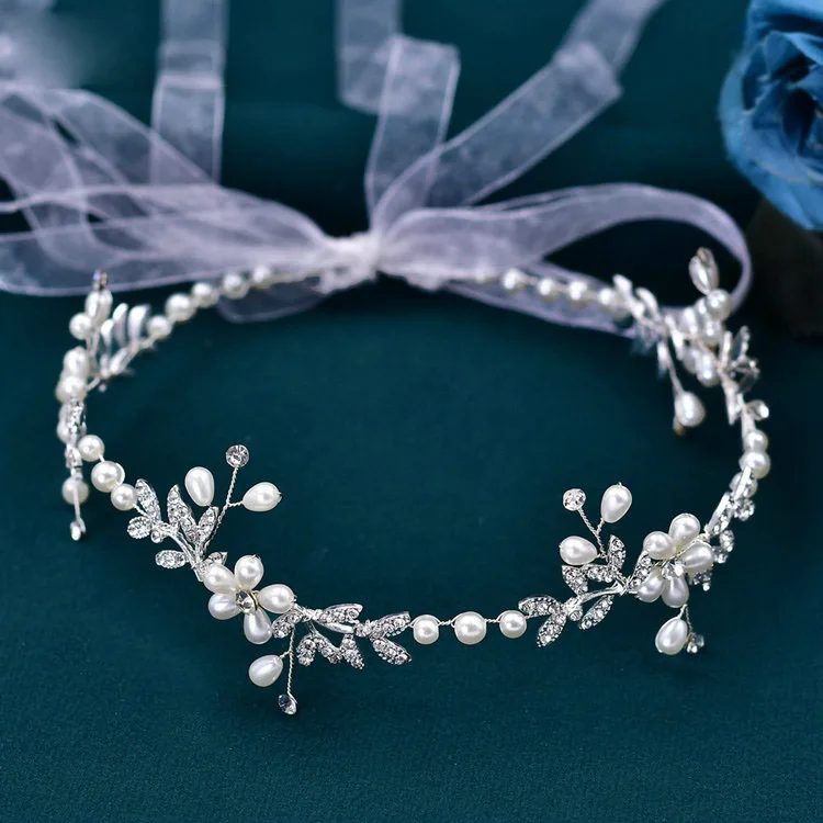 Wholesale Handmade Hair Accessories Alloy Leaf Pearl Wedding Tiara Headdress Party Hair Vine Bridal Organza Ribbon Hair Band
