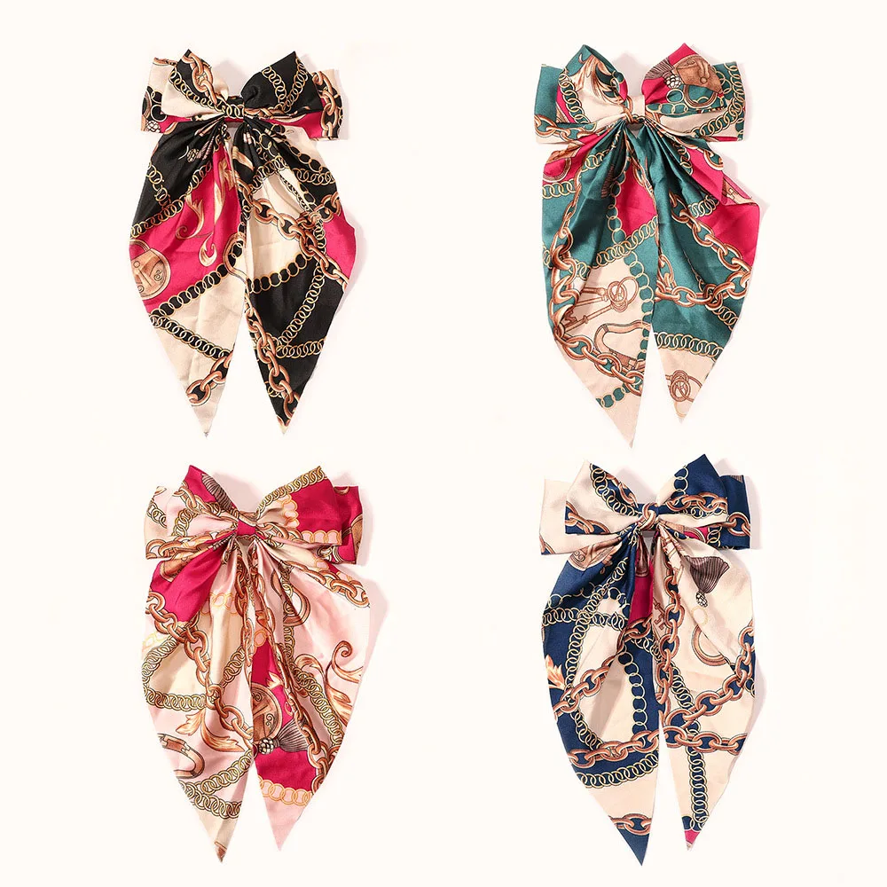 RARA Hot Sale Korean Style Hair Accessories Spring Summer Ribbon Satin Bow Hairpin Flower Print Hair Clips for Women