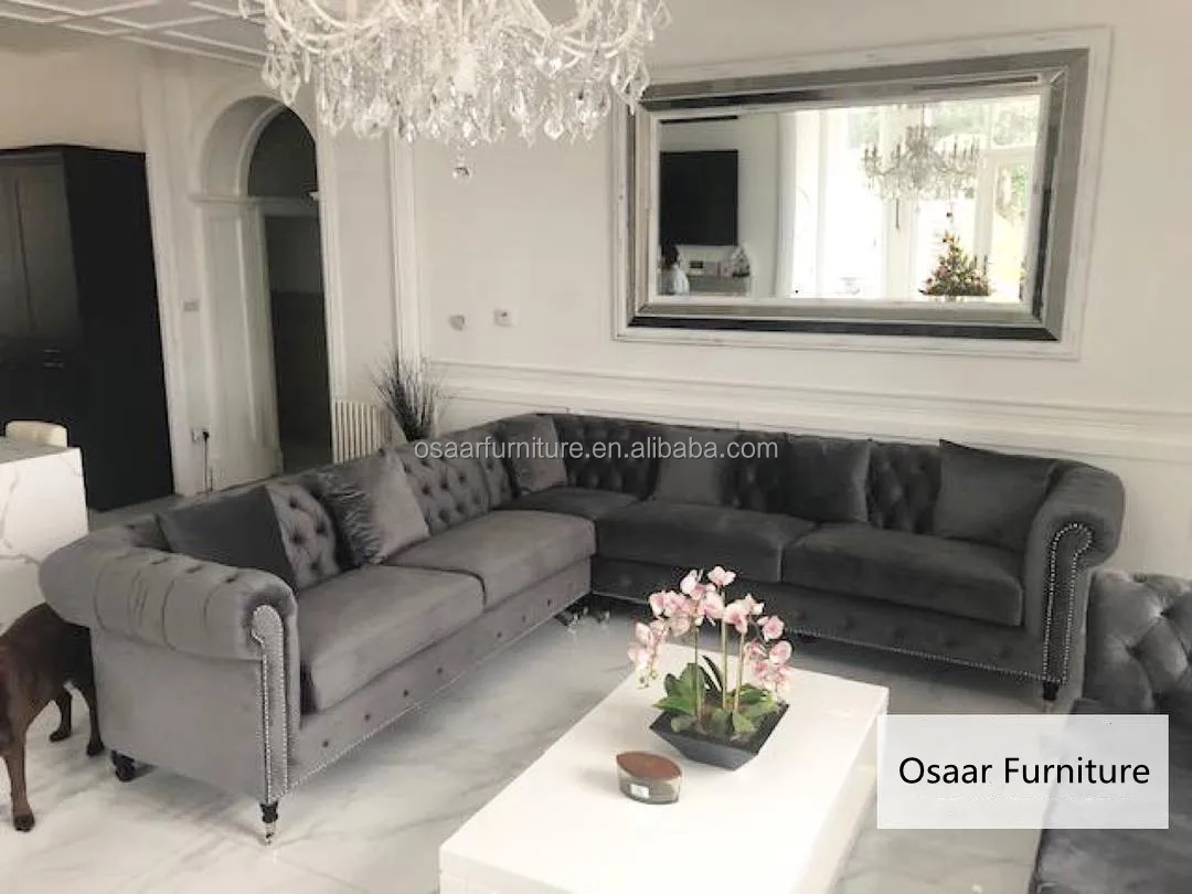 Classic American Style Grey Velvet Tufted Chesterfield Round Corner Sectional Sofa